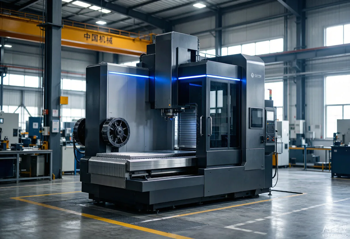 Haitian Precision gantry machining center with blue accent lighting in a Chinese machine-tool plant