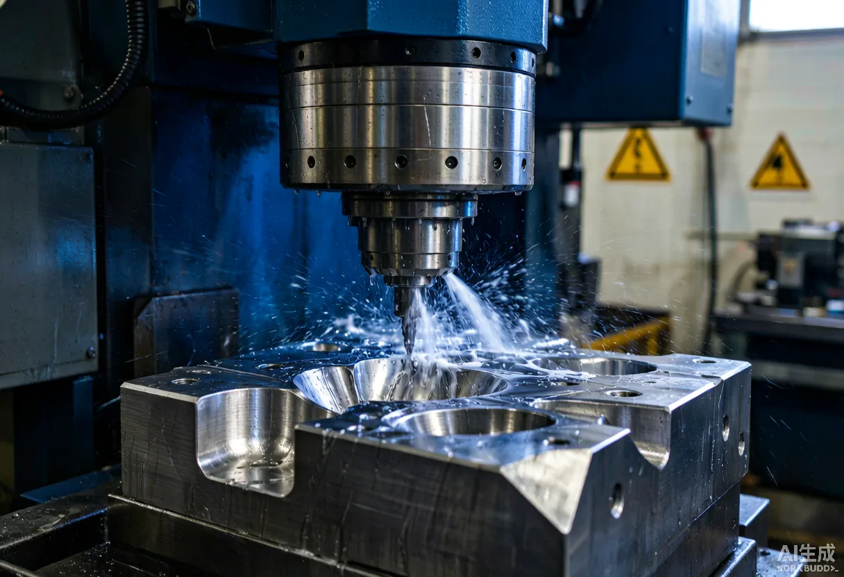 Large gantry machining center cutting a mold die in a metalworking workshop