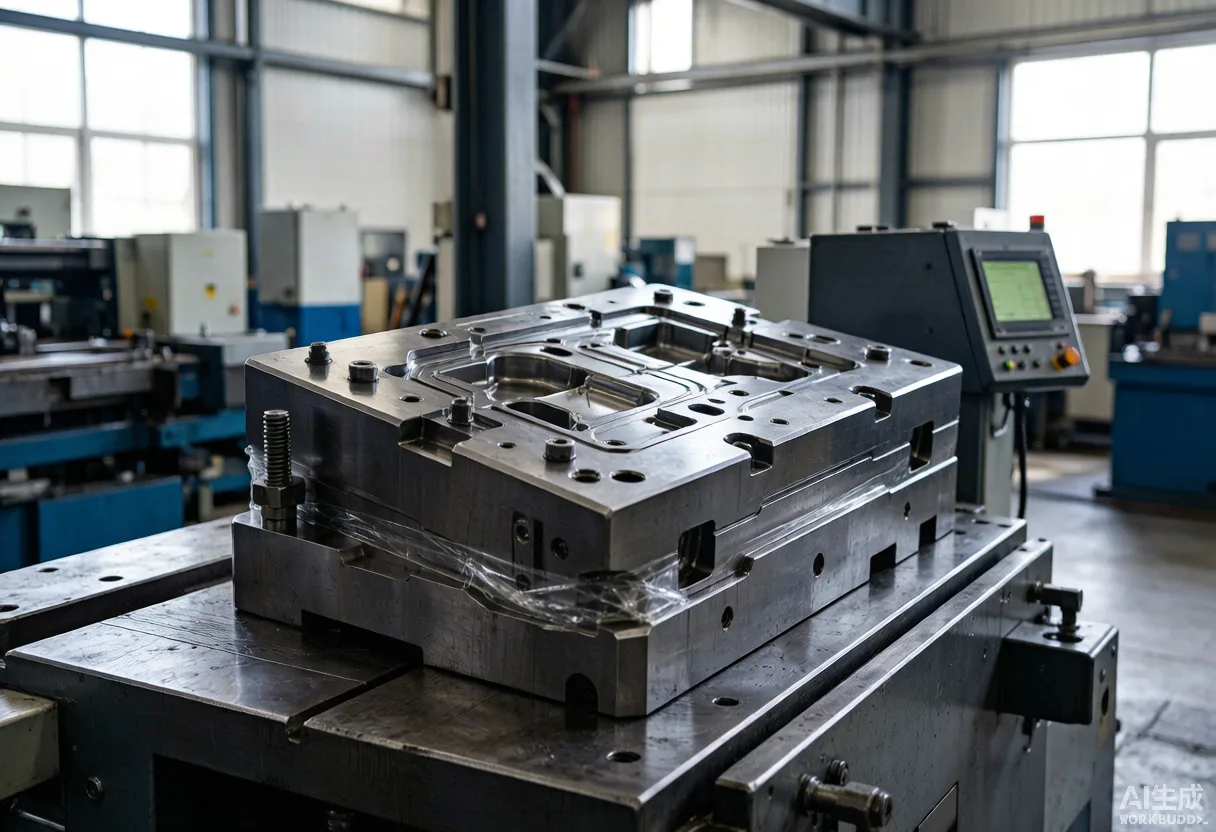 Finished large automotive stamping die on a machining center bed