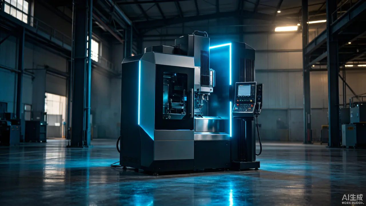 Gree five-axis vertical machining center with blue accent lighting in a modern factory