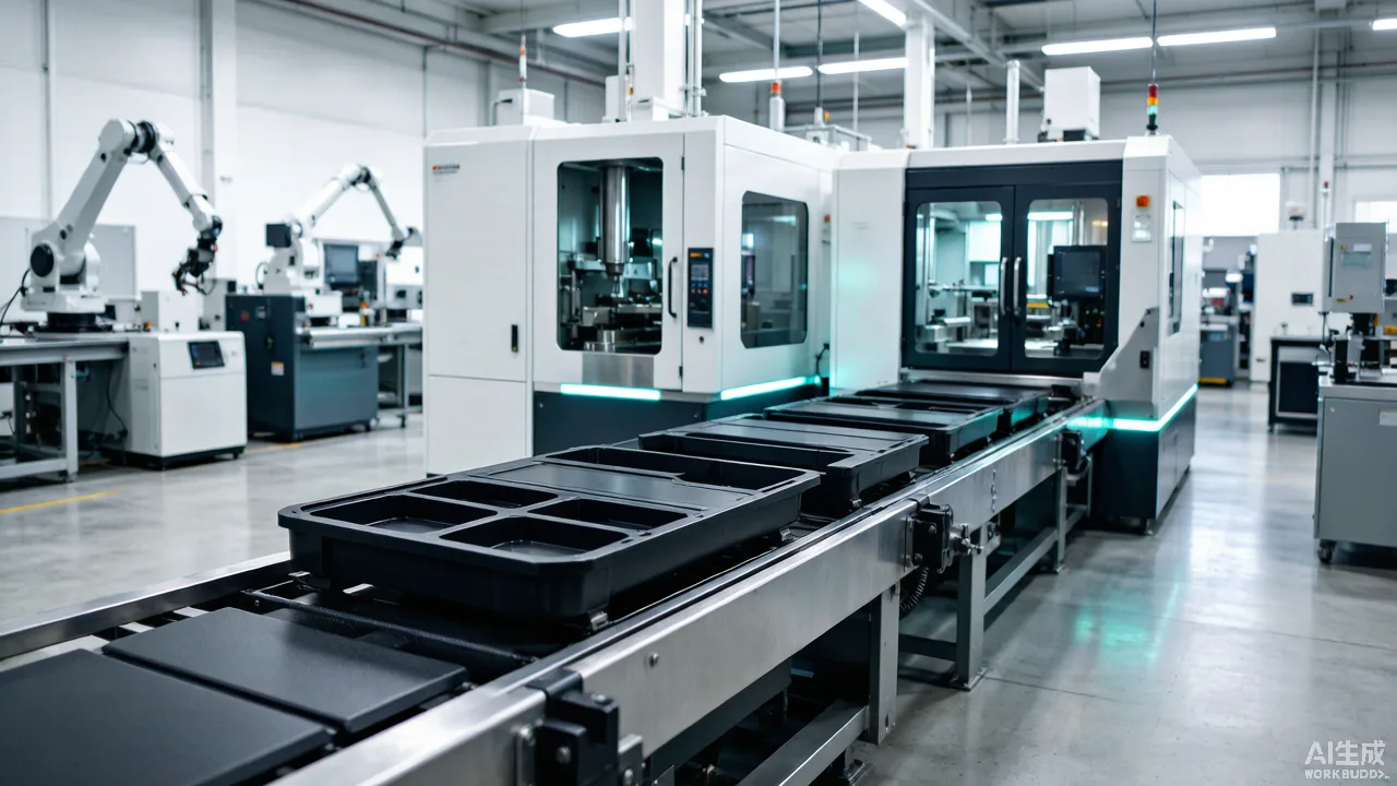 CNC machining center milling a new energy vehicle battery tray component on an automated automotive line
