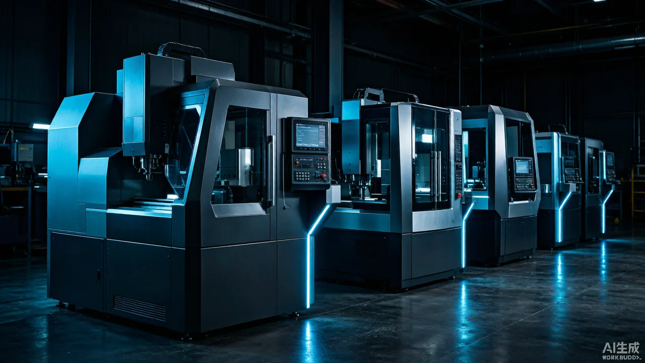 Row of industrial CNC machining centers in a machine shop, leading with a Gree five-axis unit