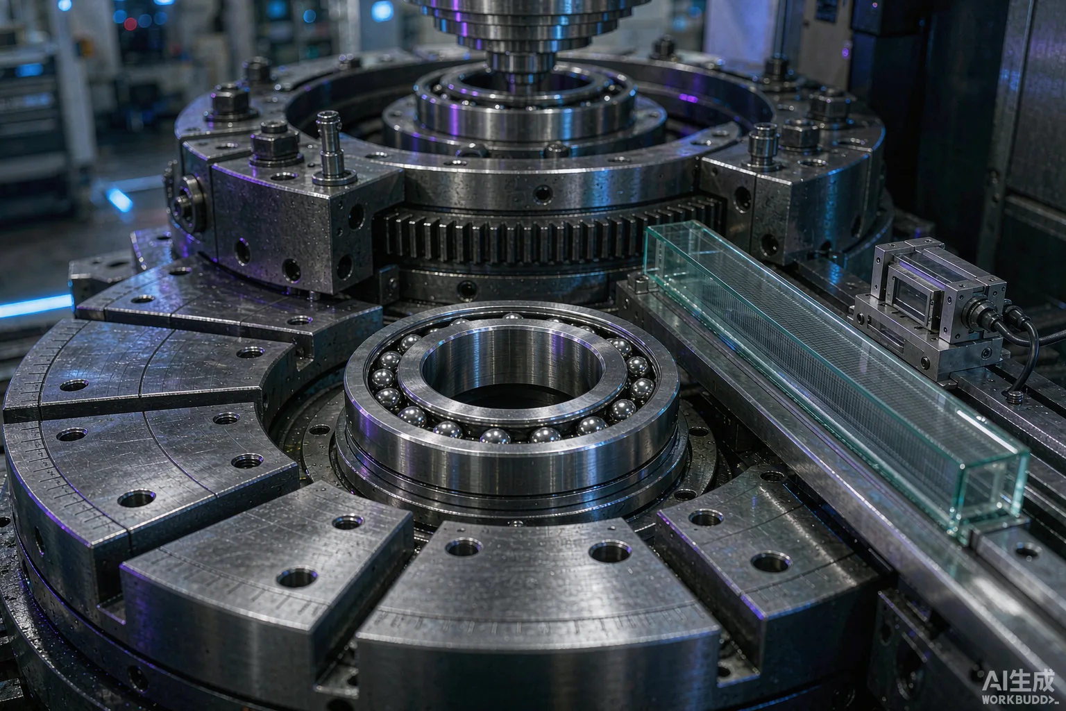 Close-up of a precision CNC rotary table showing high-accuracy bearings and a linear scale in a clean factory