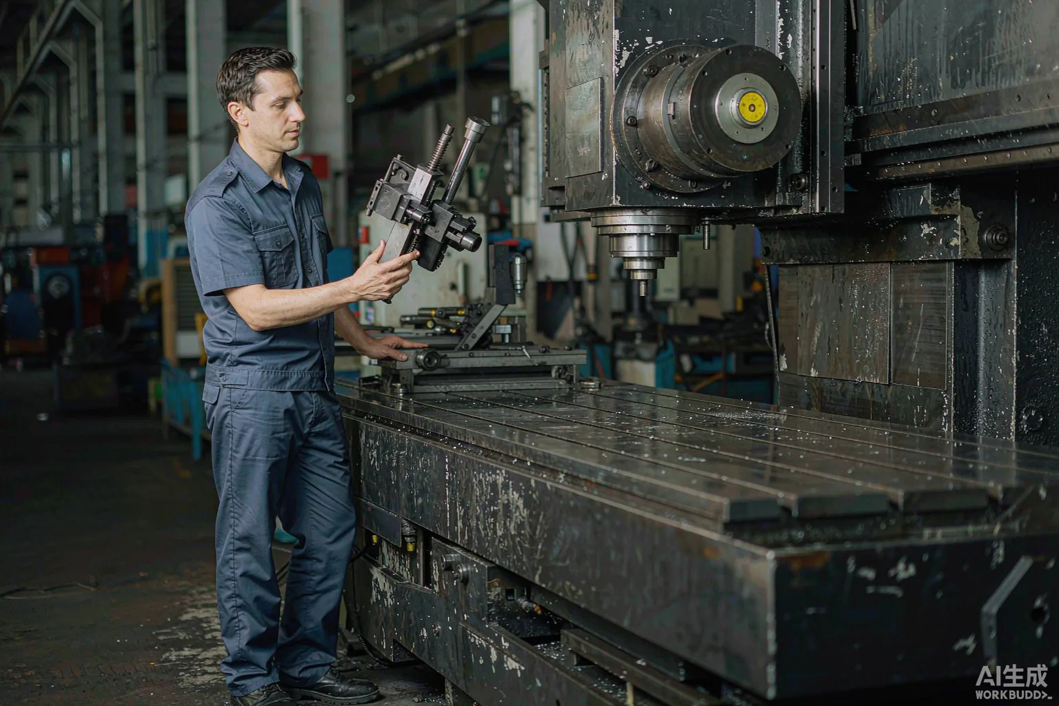 Engineer inspecting a linear scale and bearing assembly on a five-axis machining center