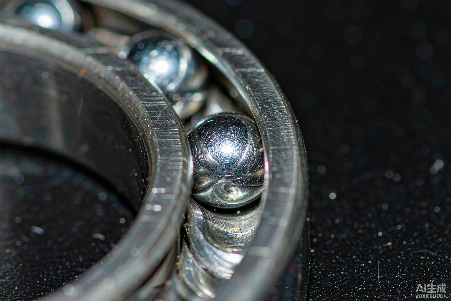 Macro view of a precision bearing race and rolling elements used in CNC spindles