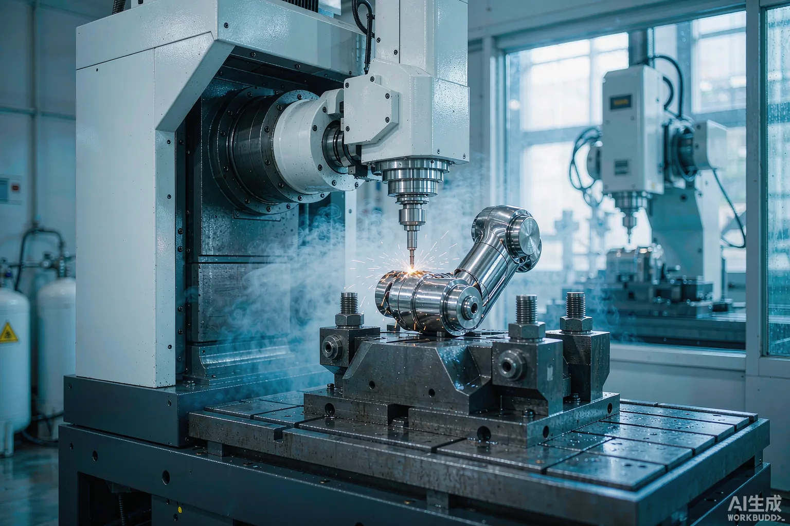 Five-axis CNC machining center precision-milling a metallic humanoid-robot joint component in a high-tech factory