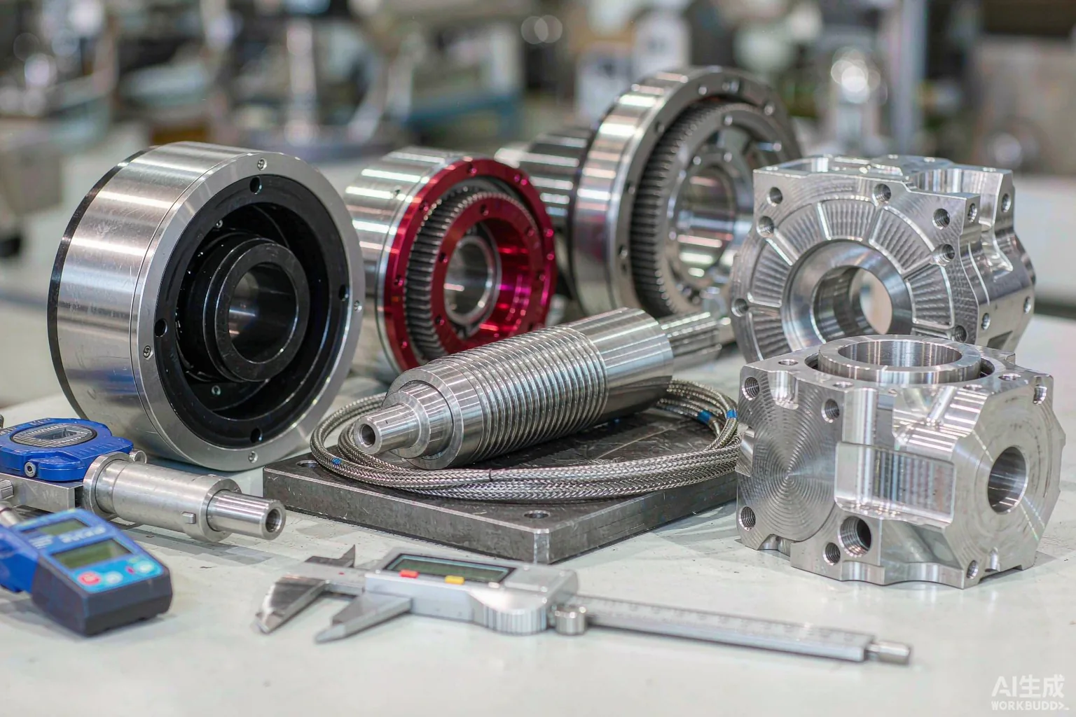 Precision-machined harmonic drive gears and servo rotors on an inspection table