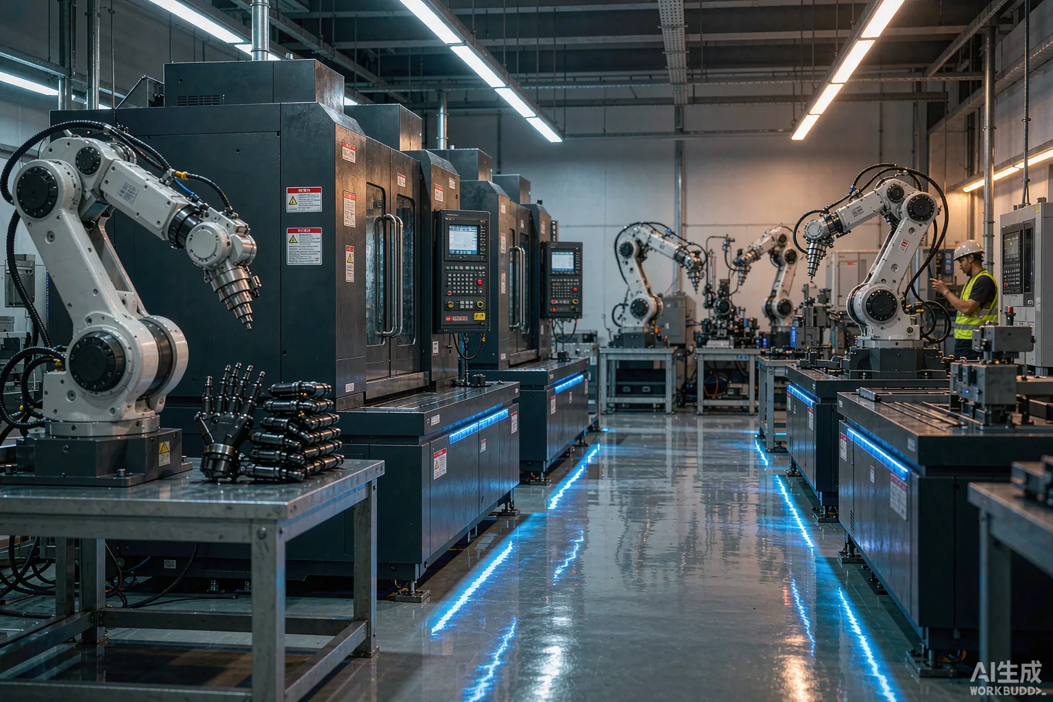 Smart workshop with rows of CNC machine tools producing robotic parts