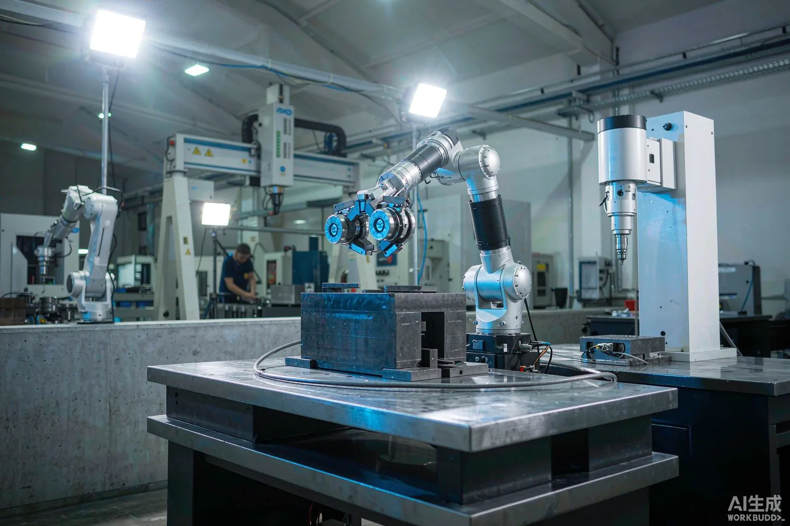A humanoid robot arm assembled on a modern CNC machining floor with blue accent lighting