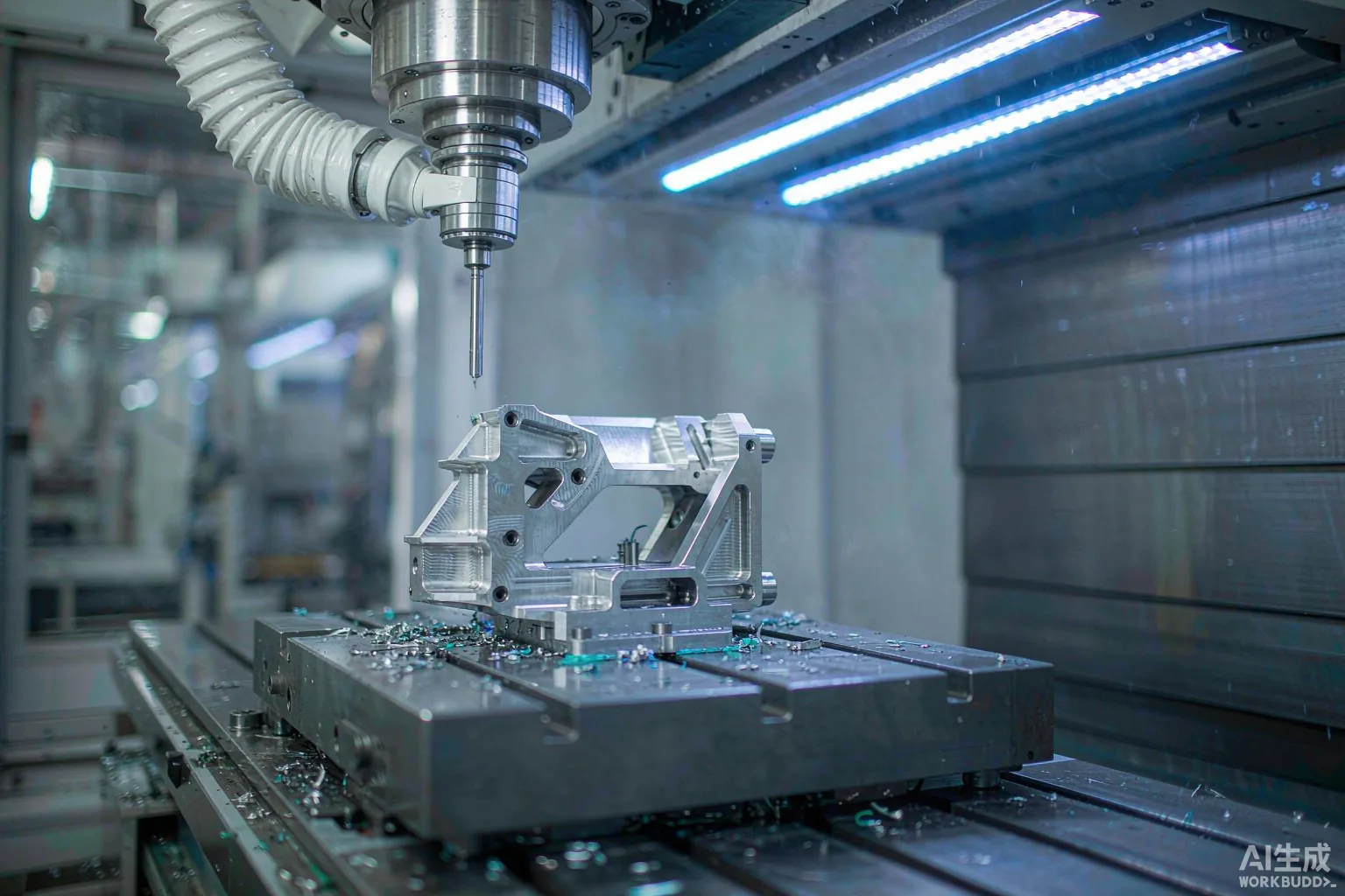 Close-up of a 5-axis CNC milling a complex aluminum robotic joint bracket