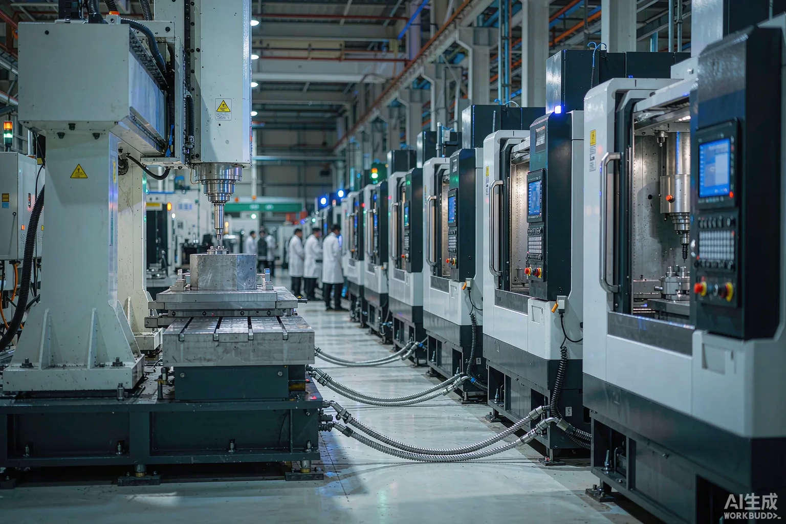 A smart factory floor with gantry and vertical machining centers producing precision components