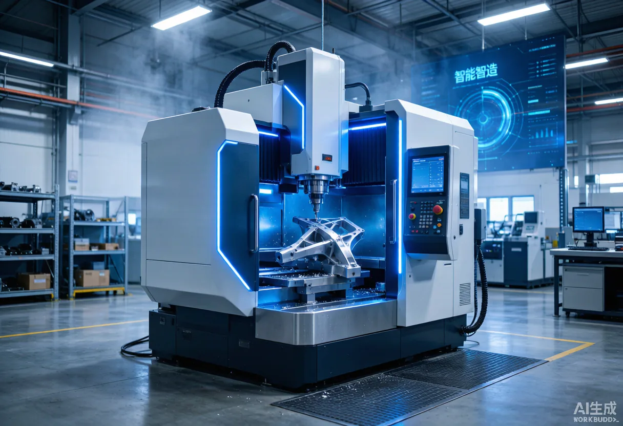 A Chinese five-axis CNC machining center with blue accent lighting in a modern smart factory