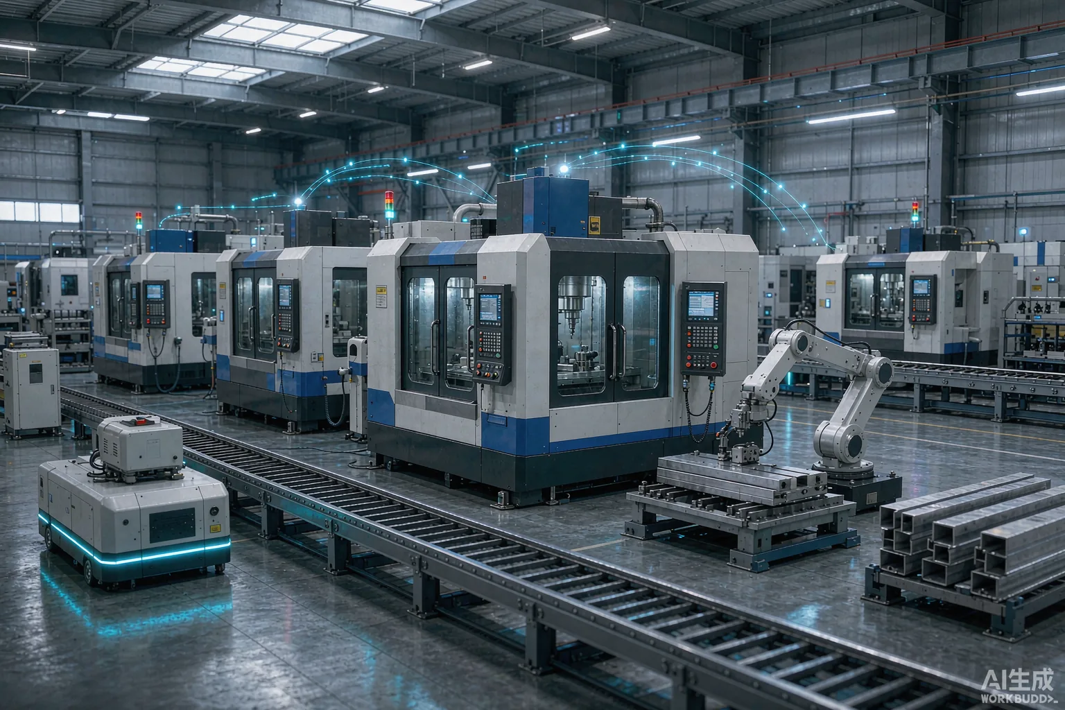 5G-connected CNC machines on a smart factory floor with ambient data lighting