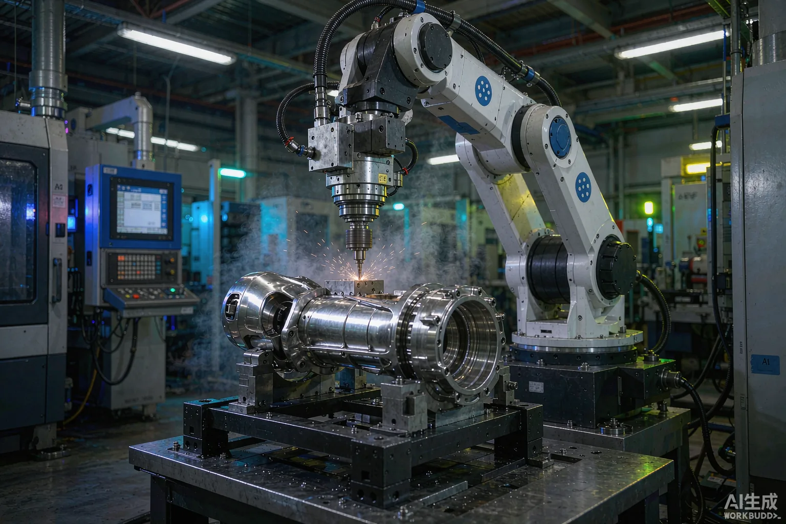 Robotic arm machining precision components on a humanoid-robot parts line