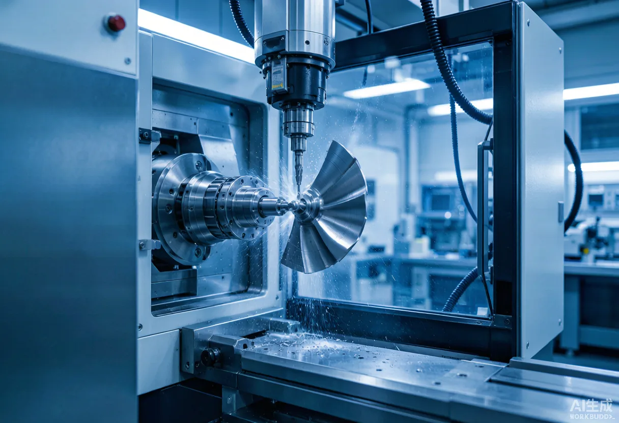 Five-axis CNC milling a titanium alloy aerospace turbine blade