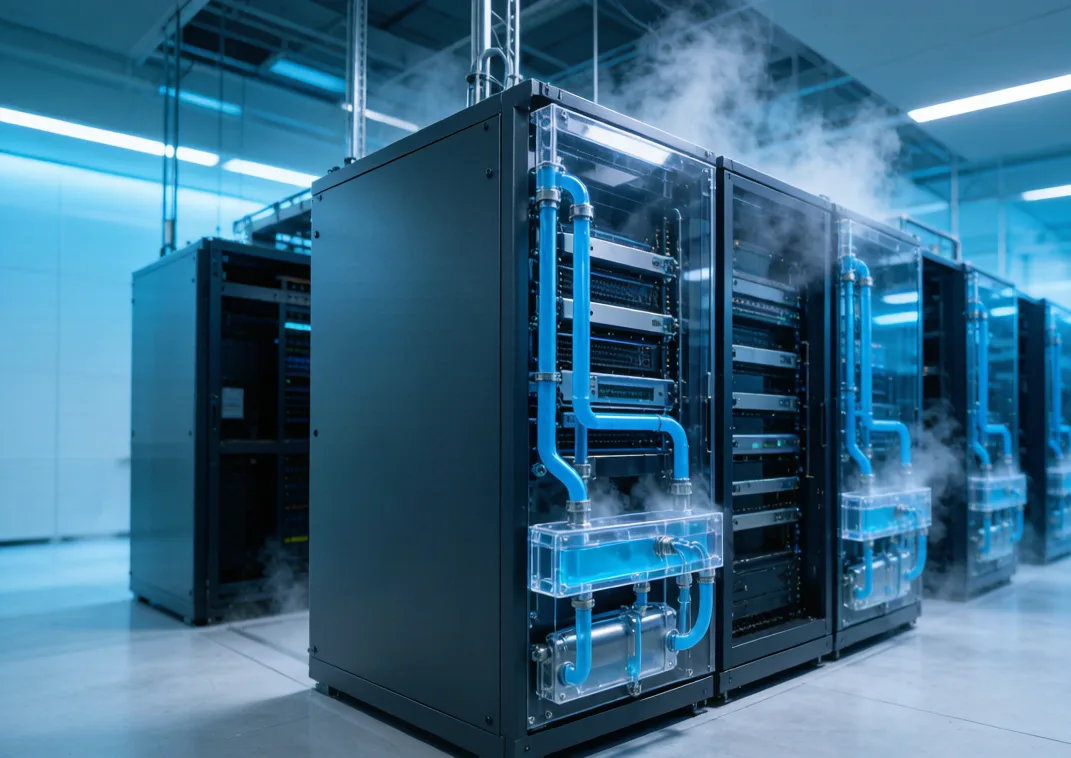 Rows of AI data-center server racks fitted with transparent CDU manifolds and blue coolant hoses, with subtle coolant mist rising in a clean industrial facility