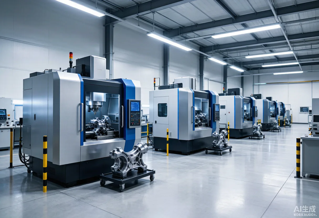 Modern Chinese smart factory with rows of blue-accented five-axis CNC machining centers producing automotive parts
