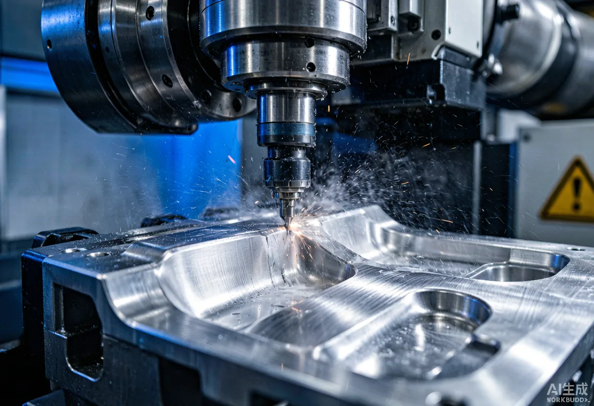 Five-axis CNC machining center milling a large aluminum EV battery tray automotive bracket with coolant mist