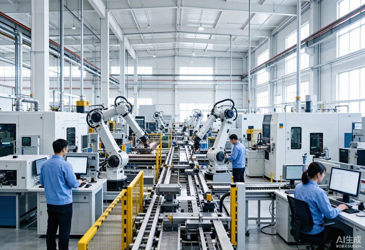 Automated production line with robotic arms and CNC machines in a clean EV components factory