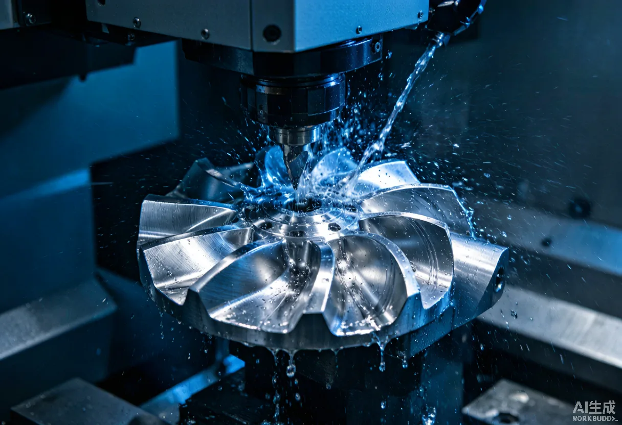 Five-axis machining center cutting a complex part