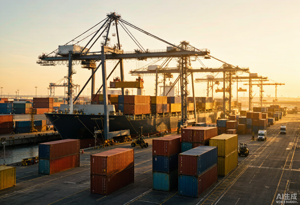 Containers at a major export port at golden hour