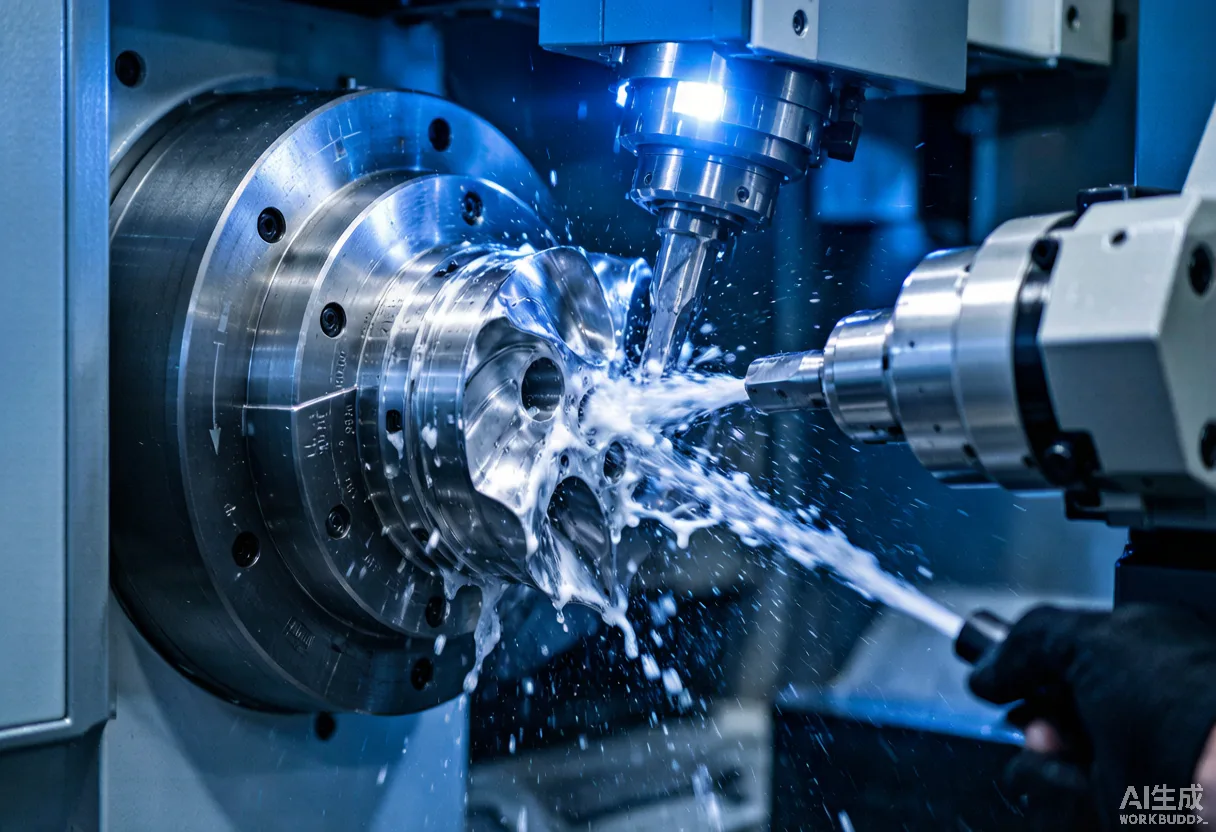 Five-axis machining center cutting a complex impeller-type part