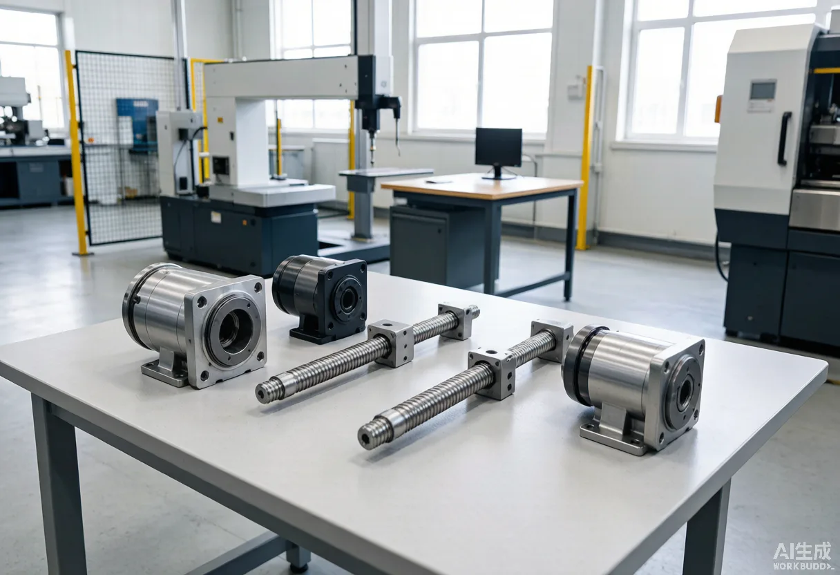 Precision ball screws and RV reducer components laid out in a metrology room
