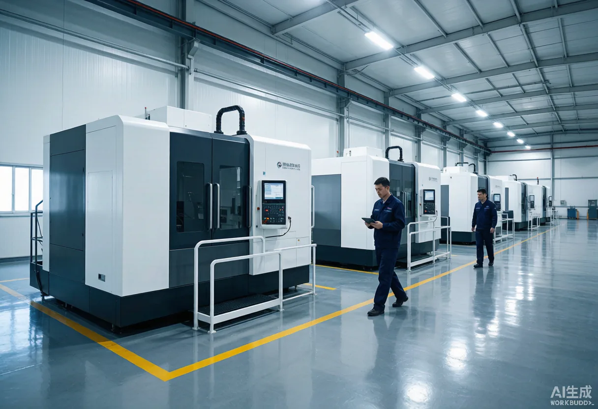 Row of enclosed five-axis CNC machining centers lined up in a Chinese machine-tool acceptance hall