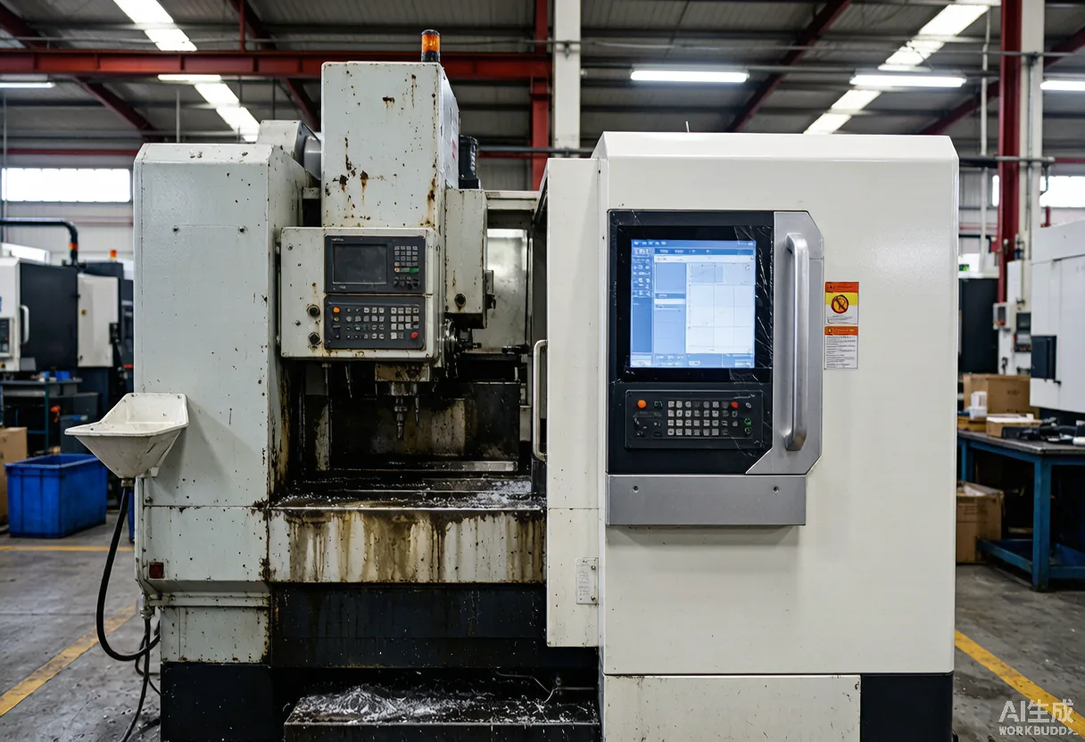 Ageing three-axis vertical machining center standing beside a new enclosed five-axis machining center in a workshop