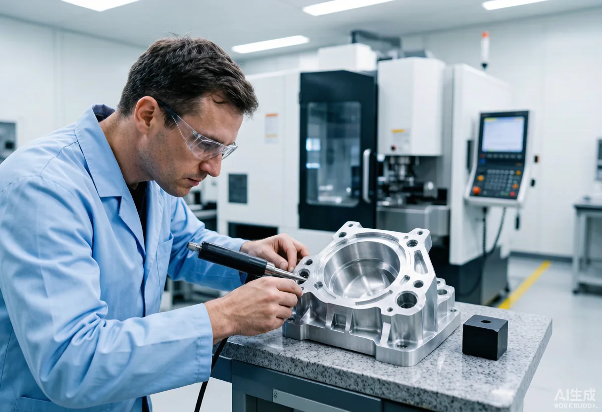 Metrology engineer verifying a machined aluminium bracket with a laser interferometer beside a five-axis machining center