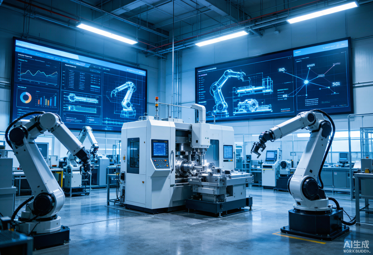 A modern Chinese smart factory floor with a five-axis CNC machining center and robotic arms working under blue industrial lighting, wall screens showing live production dashboards
