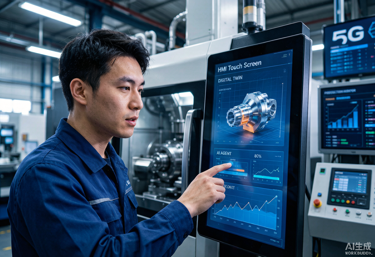A technician monitoring a five-axis CNC center with a digital-twin HMI screen showing live production data