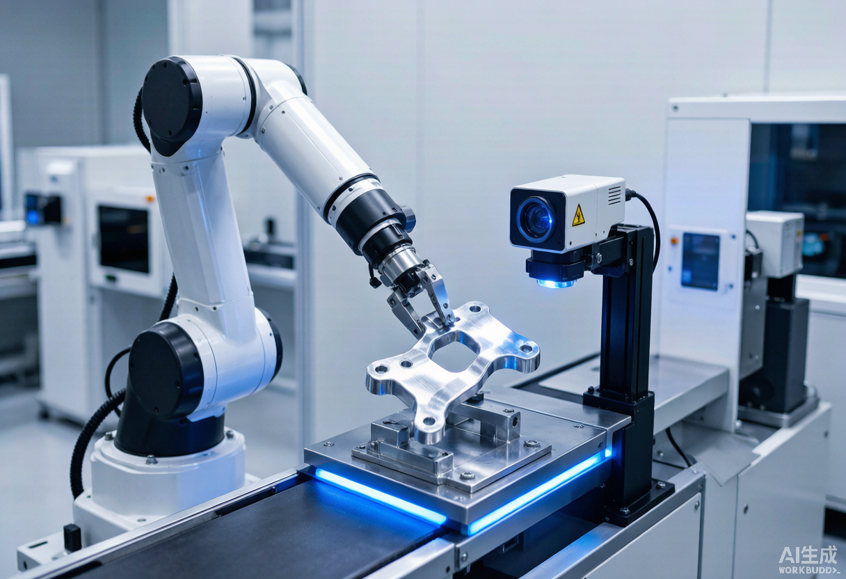 A six-axis robotic arm placing a milled aluminum part on an automated inspection station in a smart-factory cell