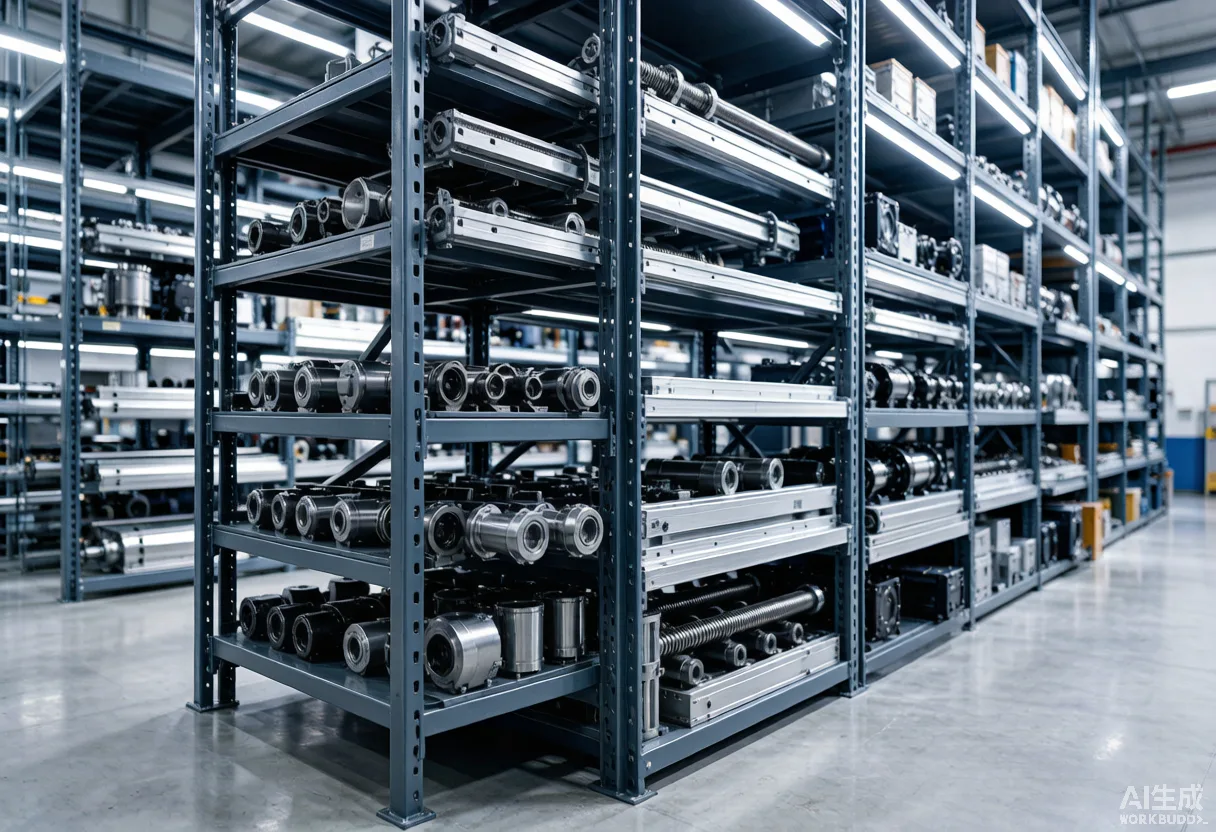 Racks of standardized factory-automation components in a Chinese parts warehouse