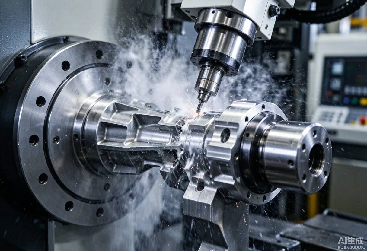 Five-axis machining center cutting a metal part with visible rotary table