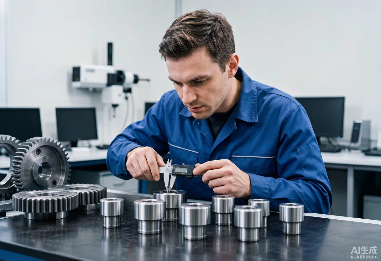 Engineer inspecting precision machined components with calipers