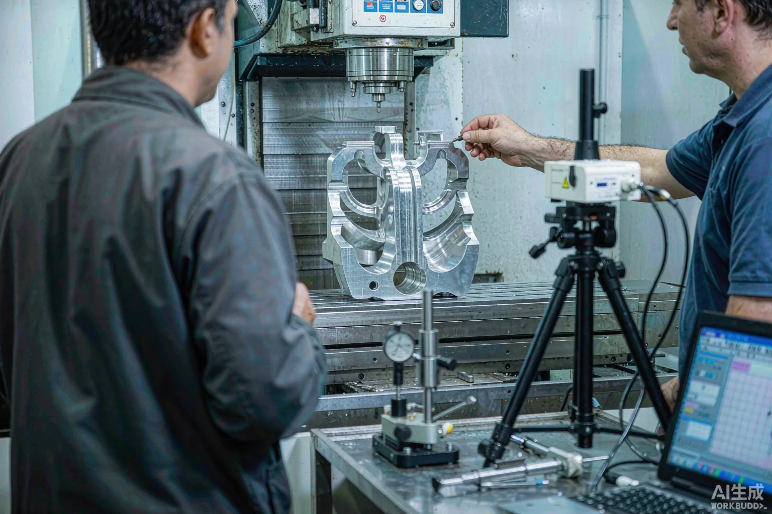 Manufacturing engineer and service technician inspecting a machined aluminium test part beside a CNC machining centre during an acceptance run-off, with a laser interferometer on a tripod