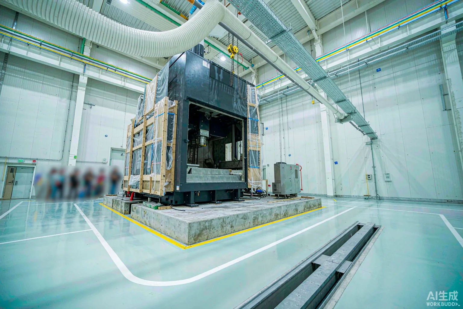 CNC vertical machining center being installed on a reinforced concrete foundation in a prepared factory hall, with three-phase power conduit, compressed air piping and a chip conveyor trench visible